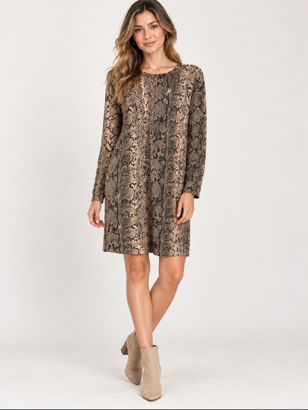 Zara Sneak Print Long Sleeve Shift Dress Beige Brown size L